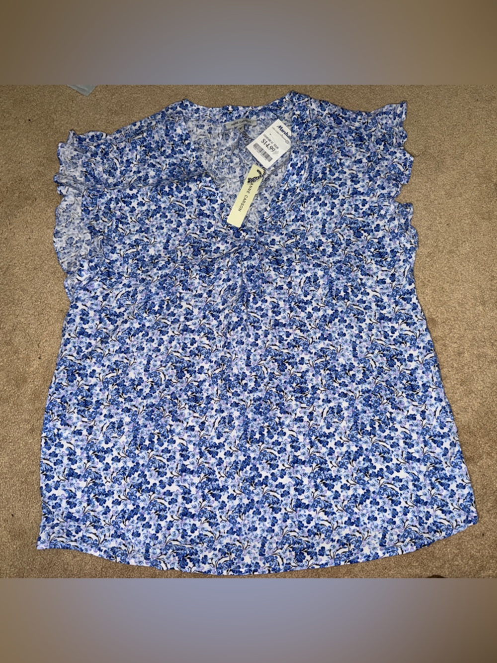 Anne Carson Blue Floral Ruffle Sleeve Blouse
